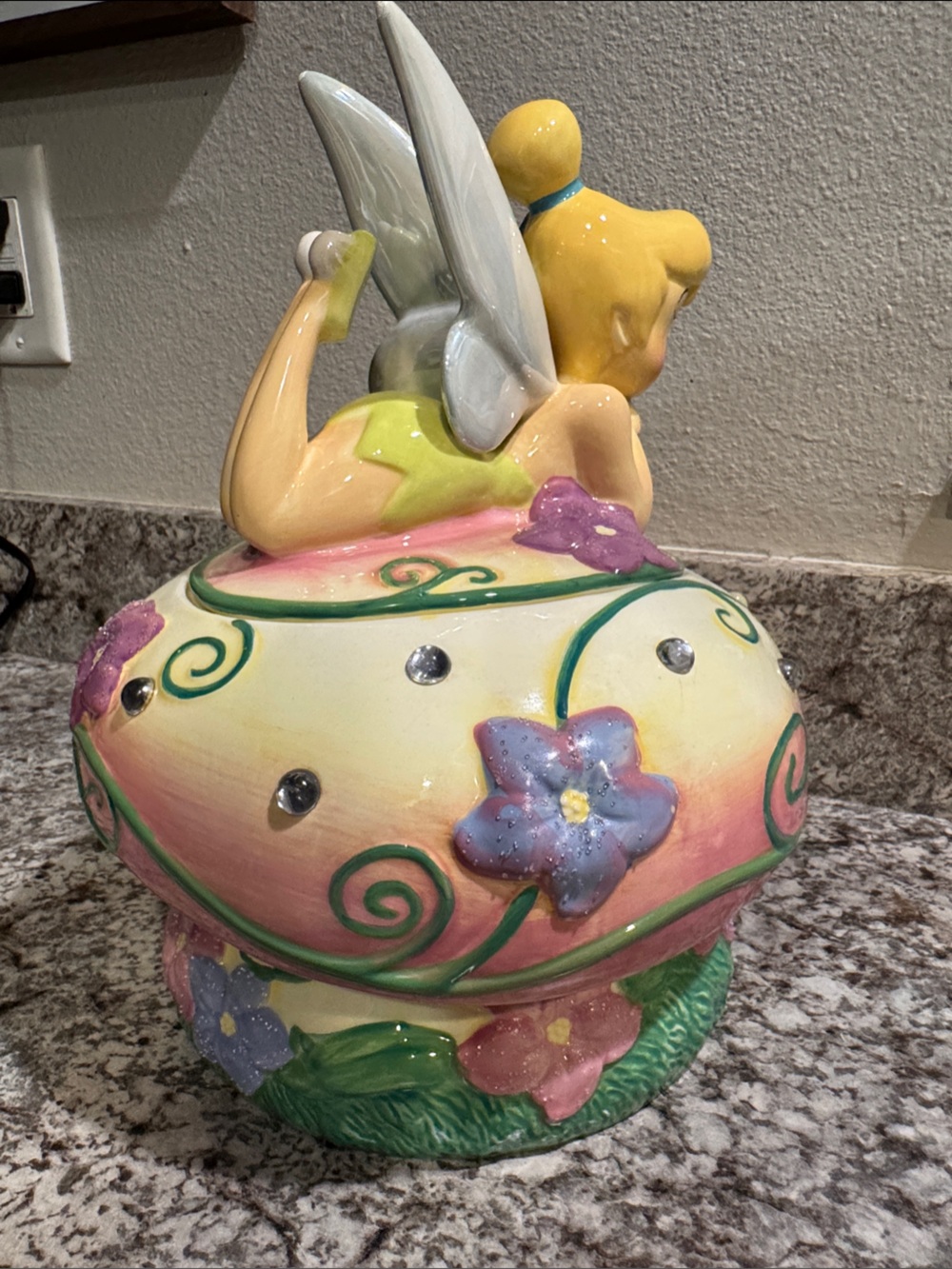 Disney Antique tinkerbell on mushroom with flowers and sparkles cookie jar - Picture 5 of 10